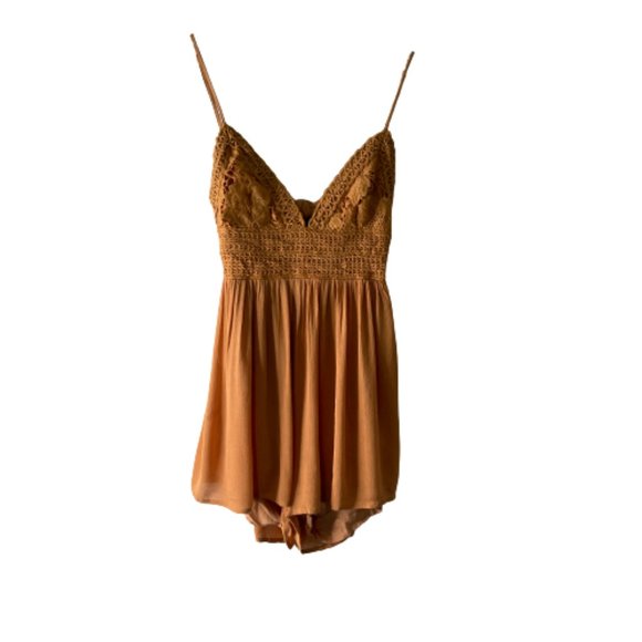 mahina Pants - Mahina Boho Bohemian Gauzy Romper Tan Brown Size S Small